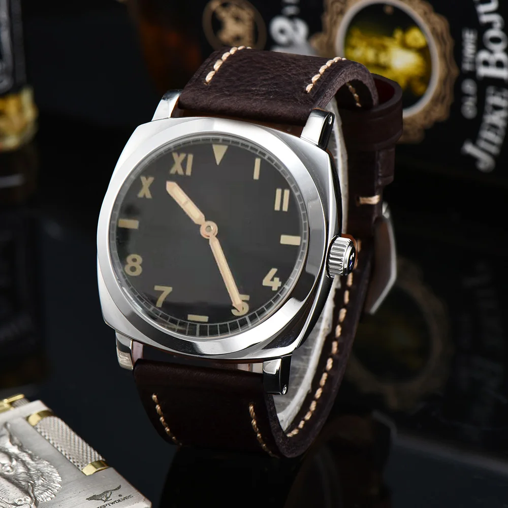 

New Automatic Movement Watch Unique Design 47mm Stainless Steel Case Men's Real Leather Strap Perspective Back Cover G57