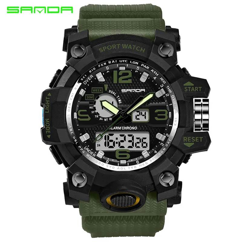 black green Новинка, мужские спортивные часы, ремешок из смолы, двойной дисплей, водонепроницаемые, Автоматическая Дата, многофункциональные Мужские кварцевые часы, Relogio Masculino - Цвет: black green