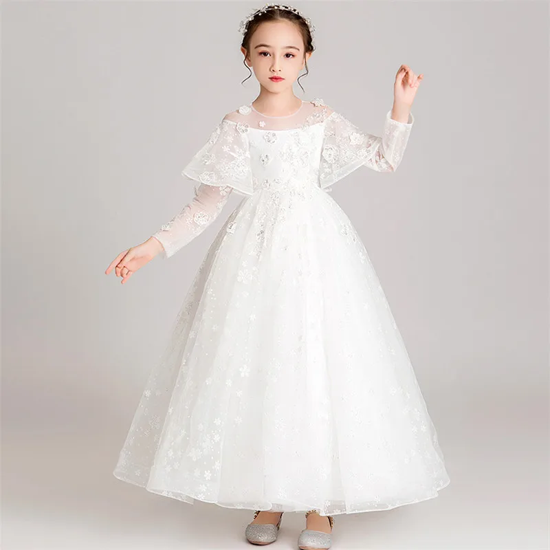Детское однотонное белое платье для девочек 3-14 лет с круглым вырезом на день рождения и свадьбу, платье для церемонии, детские костюмы для