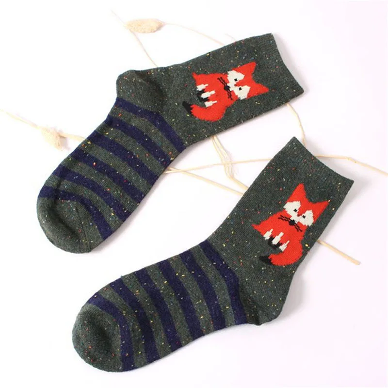 Корейские толстые шерстяные хлопковые носки для женщин и девочек; сезон осень-зима; Harajuku; Милые брендовые носки в полоску с изображением лисы и волка; милые рождественские носки - Цвет: 11