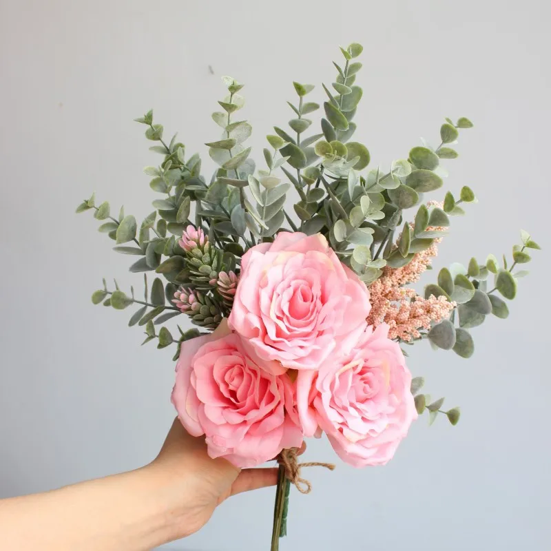 pink Искусственные розы, листья эвкалипта, искусственные цветы, украшение для дома, свадебные, для невесты, искусственные цветы - Цвет: pink