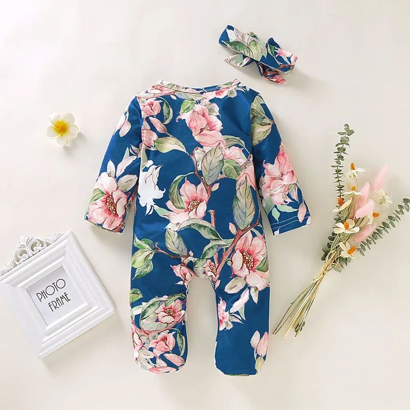 Summer Infant Girls Jumpsuit Round Collar Long Sleeve Floral Print Climb Soft Romper And Hairband Two-piece Set