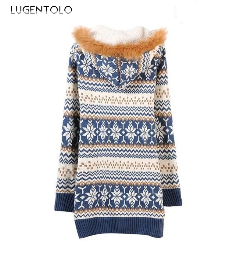 Lugentolo Women Sweater New Autumn Winter Cardigan Medium Length Christmas Snowflake Print Zipper Casual Lady Sweaters