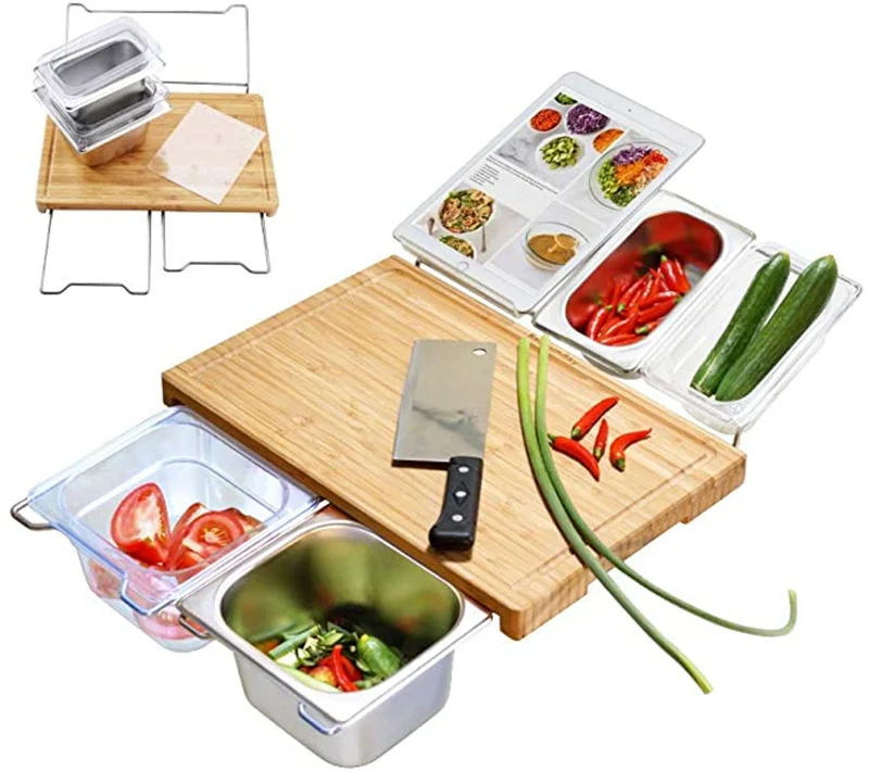 Unibos Bamboo Chopping Board with 4 BPA Free Plastic Drawer/Trays with lids  Kitchen Set-100