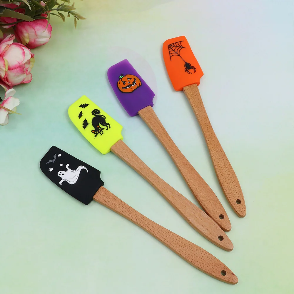 4pcs Halloween Wooden Handle Silicone Scraper Cream Spatula Baking Gadget Baking Supplies Kitchen Utensil for Home Bakery (Ghost