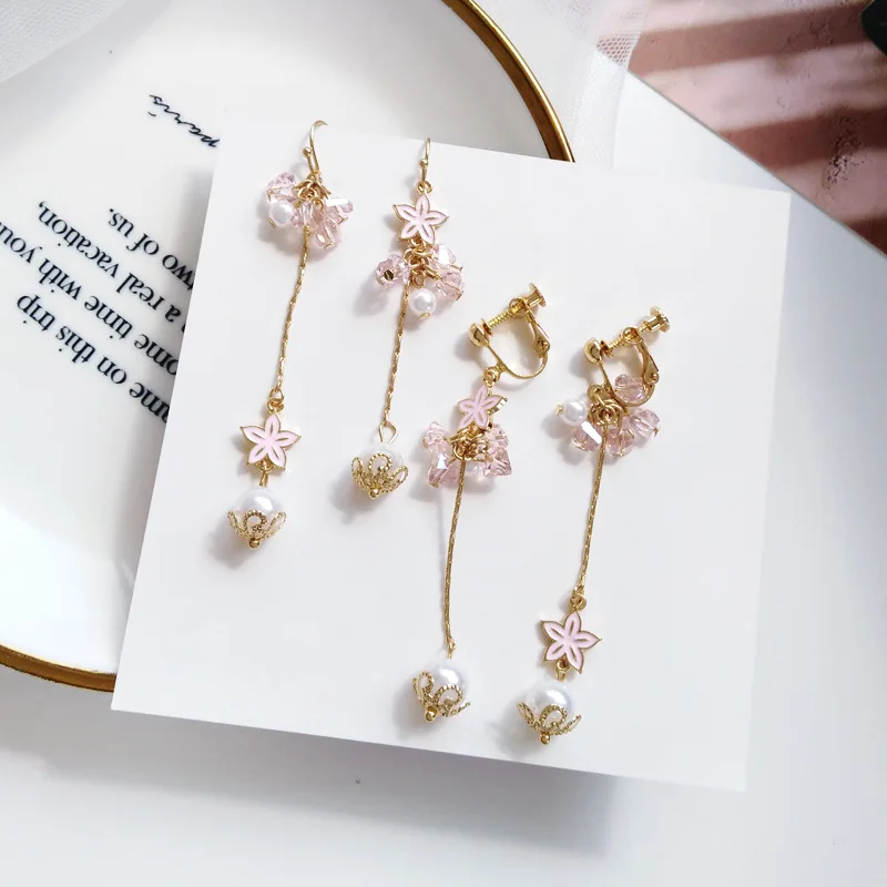 Long Imitation Pearls Stone Crystal Ear Clips Earrings No Pierced Romantic Pink Sakura Flower Clip on Ear Without Piercing Hole