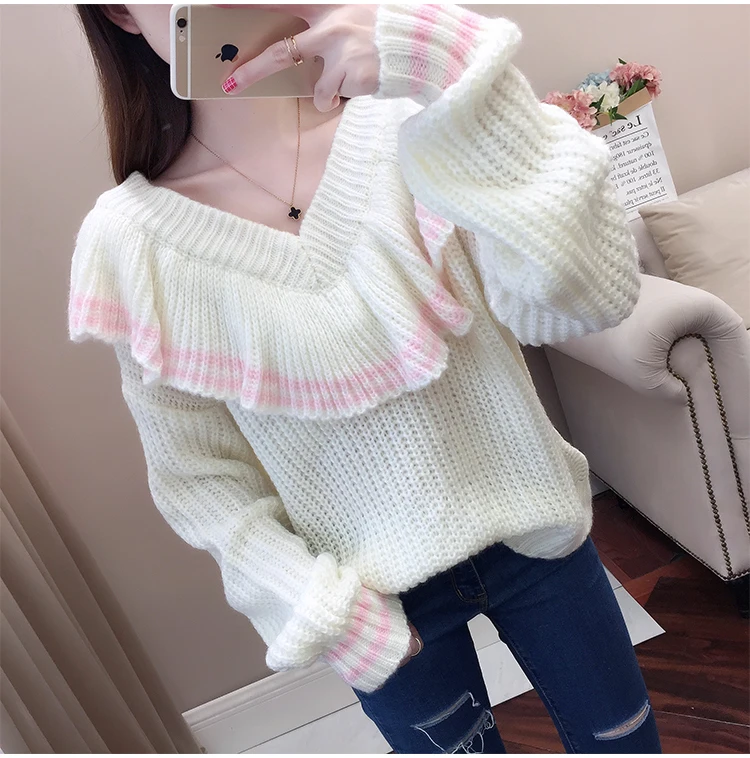 Woherb, женские свитера и пуловеры,, корейский элегантный вязаный свитер с v-образным вырезом, Милый джемпер, Осень-зима, Pull Femme 23810