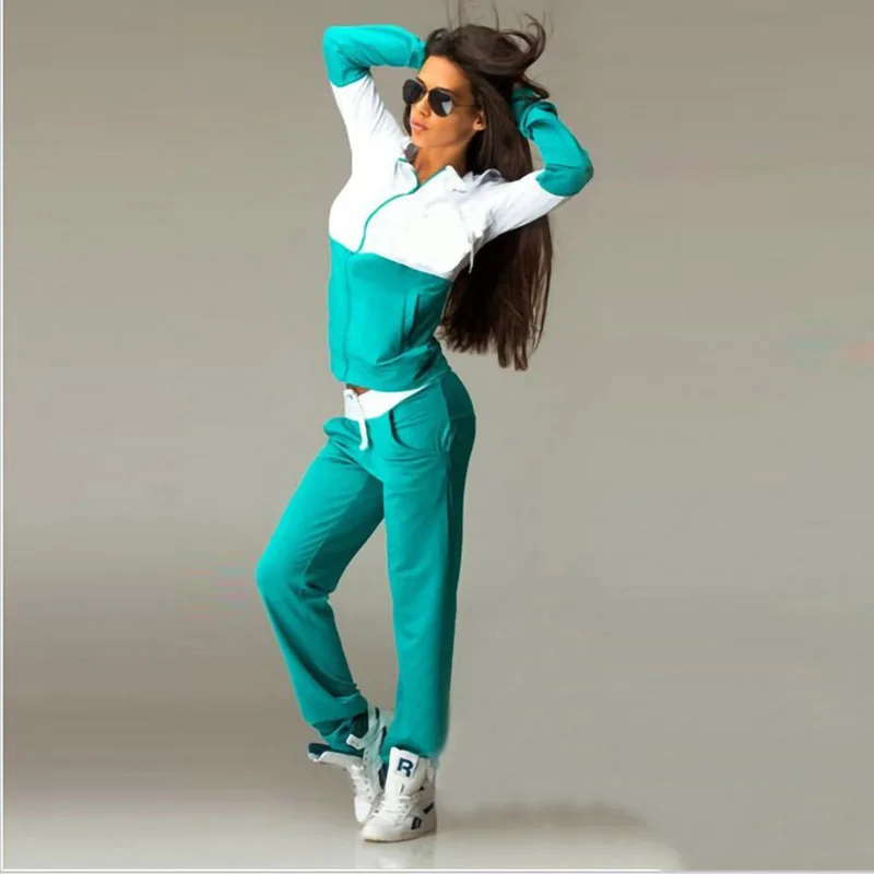 Fashion 2pcs Set Women Sweatshirt Suit Patchwork Color Female Sporting Suit Hooded Zip Up Hoody+Long Pants Tracksuits Hoodies