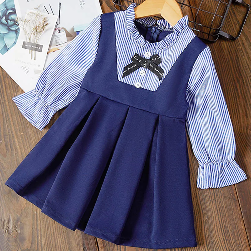 

Spring Baby Girl Patchwork Dress Cotton Striped with Bow Long Sleeves Princess Dress for Girl Kids Girls Dresses Clothes 3-7 Y