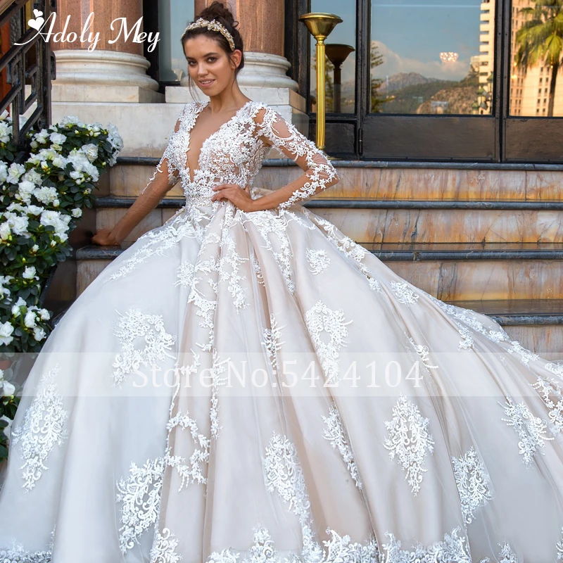 Adoly Mey Luxury Appliques Long Sleeve Beaded A-Line Wedding Dress 2022 Romantic Scoop Neck buttons Vintage Bride Gown Plus Size affordable wedding dresses