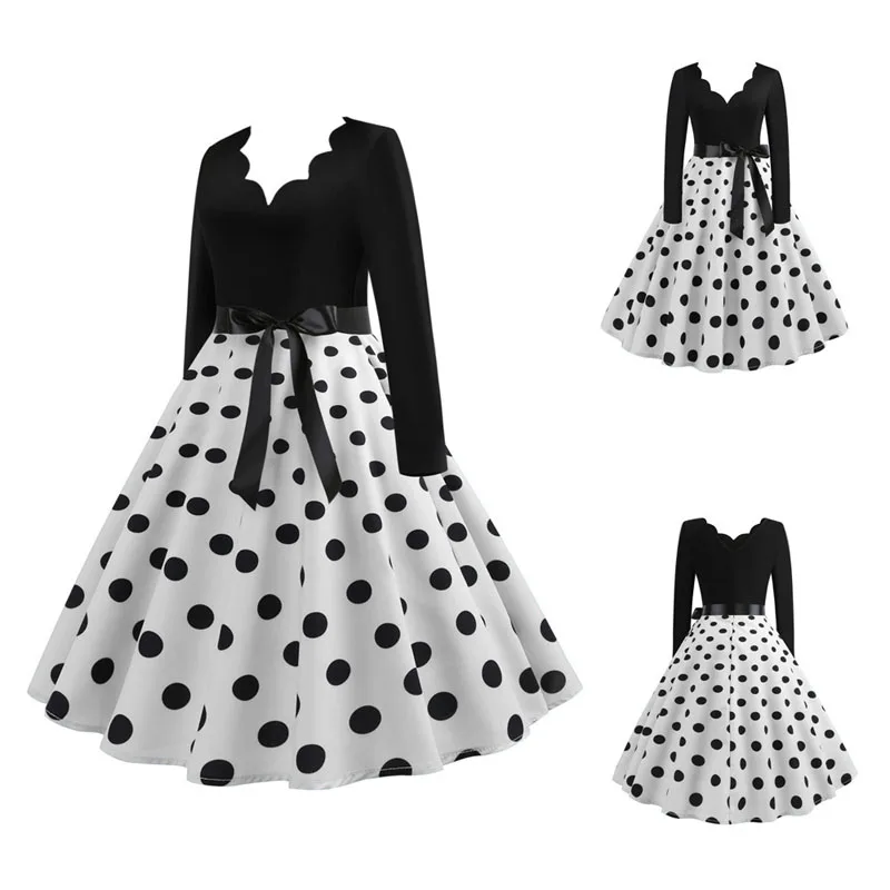 JY14643--(DeepVNECK) Белое платье в горошек, женское винтажное платье с длинным рукавом, готическое весеннее зимнее Новогоднее платье для вечеринок, большие размеры 3XL, черное платье - Цвет: JY14643--(DeepVNECK)