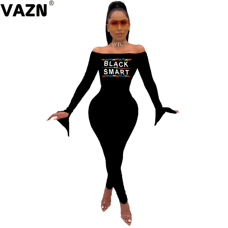 VAZN JH122 Новые 2 цвета с высокой талией сексуальные Клубные Модные сланцы шеи буквы с длинным рукавом эластичные женские обтягивающие длинные узкие комбинезоны - Цвет: Черный
