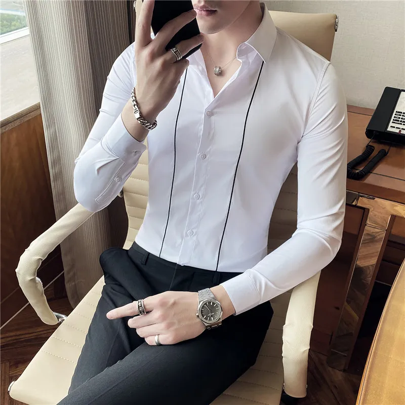 BYWX Men Slim Fit Button Front Fashion Casual Stripe Long Sleeve Shirts 