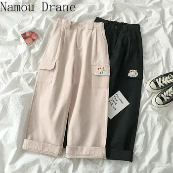 

2020 Summer New Arrival Cargo Pants Preppy Cartoon Embroidery Pockets Women Trousers Korean Streetwear Joggers