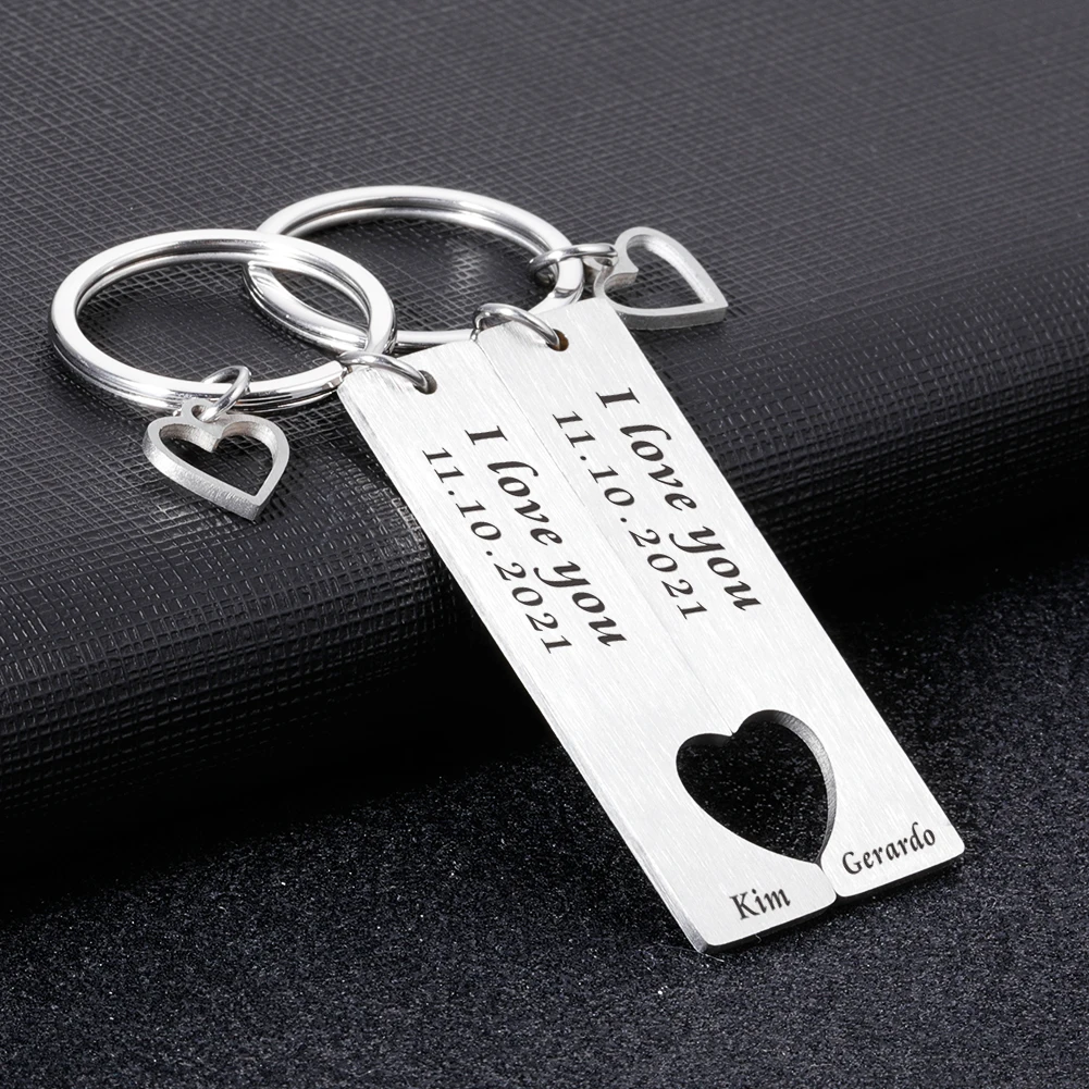 2pcs Heart Personalized Keychain Date Name Customized Keychains Accessories For Boyfriend