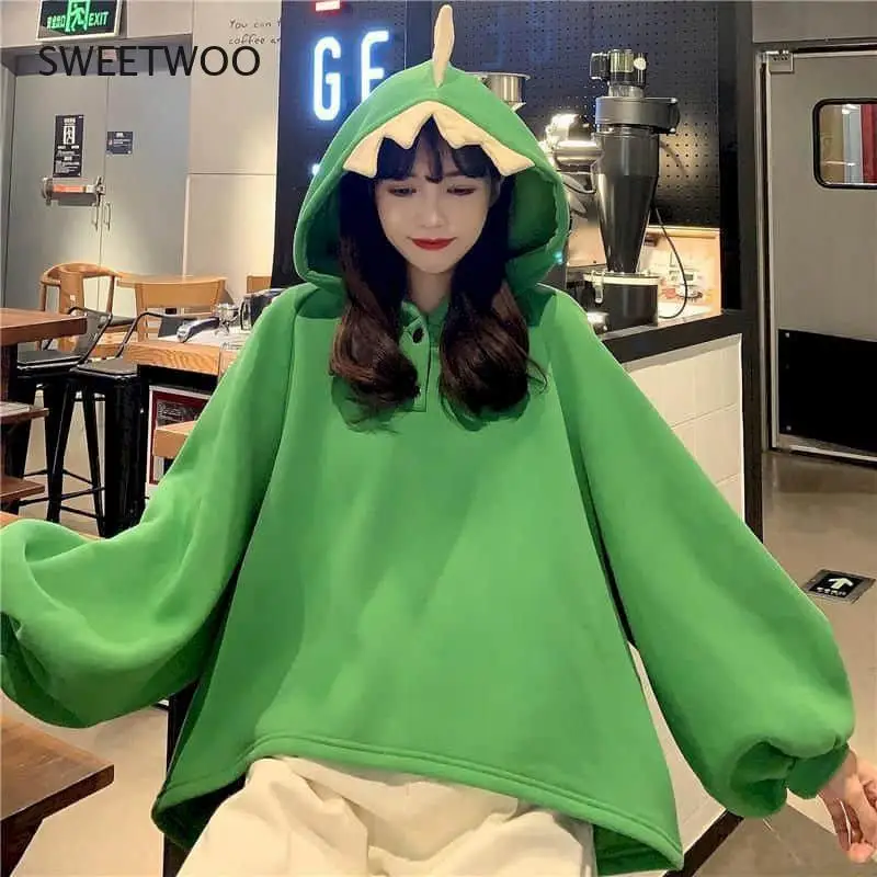 Dinosaur Sweatshirt Women Hoodies 2021 Loose Korean Sculpture Girlfriends Autumn Winter Sisters Outfit Plus Fleece Hooded Jacket