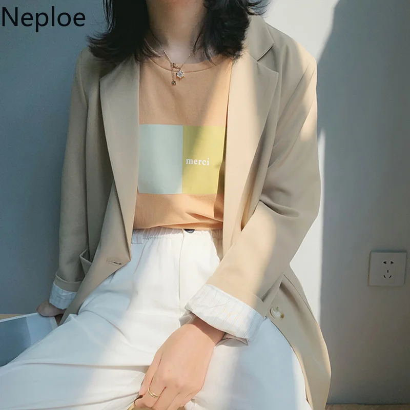 Neploe Solid Vintage Office Work Style Blazer Women Solid Nothed Single-breasted Coat Loose Wild Autumn Mid Long Coat 45894