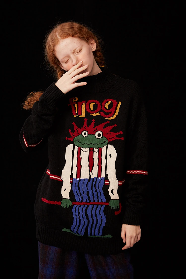 Women's Knitted Sweaters Frog Cartoon Art Embroidery JKP4769