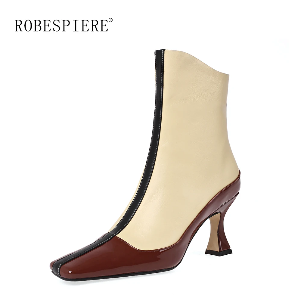 

ROBESPIERE Genuine Leather Winter Boots For Women Strange Heels Mixed Colors Ladies Shoes Warm Plush Big Size Ankle Boots B172