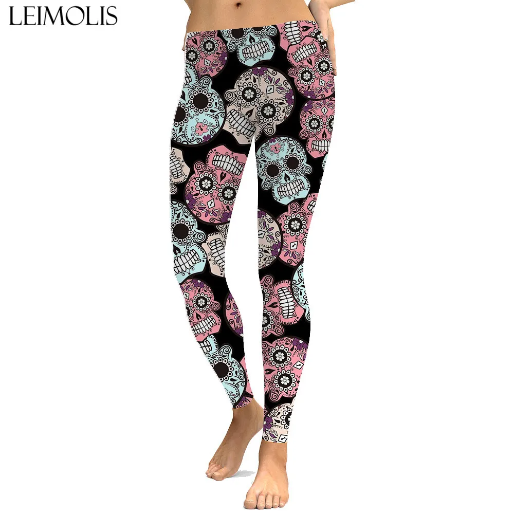 

LEIMOLIS sexy gothic hip hop skull black print push up leggings plus size women fitness workout punk high waist spandex leggins