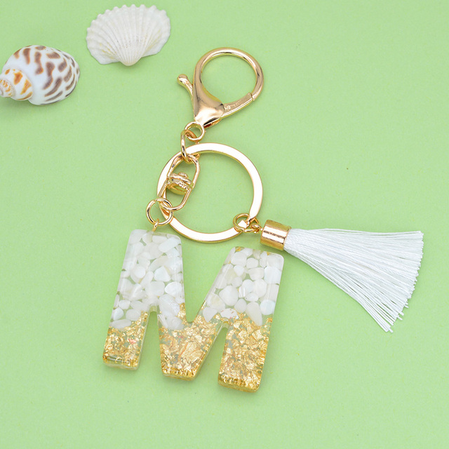 Gold Tassel Alphabet Keychain English Letter Keyring Glitter Gradient Resin Gold Leaf Crafts Car Mirror Handbag Charms