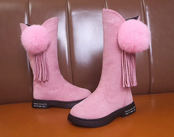 Girls Winter Fashion Rubber Boots Suede Tassel long boots Kids Princess Boots Knee-high Warm Cotton Soft Boots For Toddler D30
