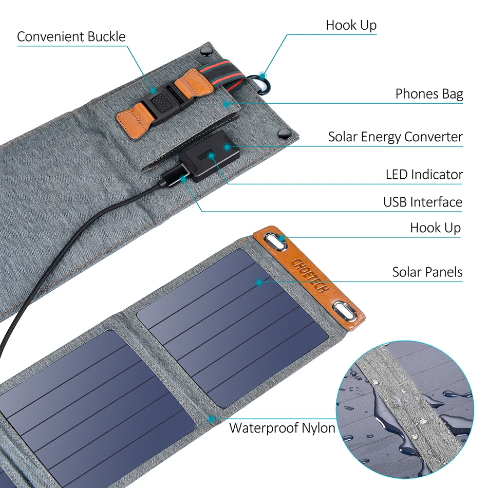 CHOETECH 14 Вт Солнечное зарядное USB устройство складное зарядное устройство для телефона для путешествий с Солнечная энергия солнечная панель водонепроницаемая для iPhone 11/X/8/7/6s/Plus