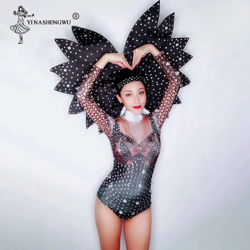 Glisten боди со стразами с головной убор женские вечерние костюмы для бара шоу сценические костюмы Сексуальная певица комбинезон для ночного клуба