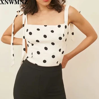 

New Ellora Top straight neckline smocked back bodice tie straps White Slim Women Tank Top Sexy Dot Print Top Women Tank Tops