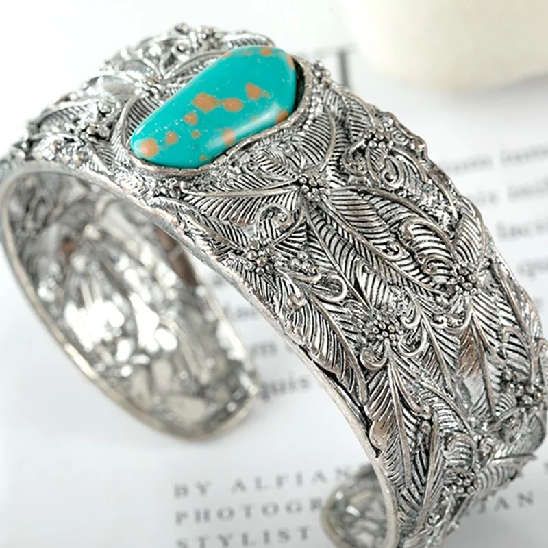 Винтажные серебряные браслеты с бабочками для женщин Boho Зеленый Камень Открытый браслет резной цветок Шарм браслет для мужчин индийские ювелирные изделия