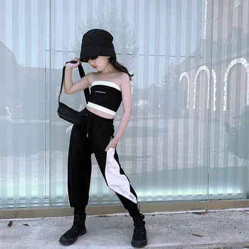

Cool Girls Suit 2020 Summer European 9 10 11 12 13 Years Girls Clothes black Tube Top Tops Pants Color Match Casual jogger pants