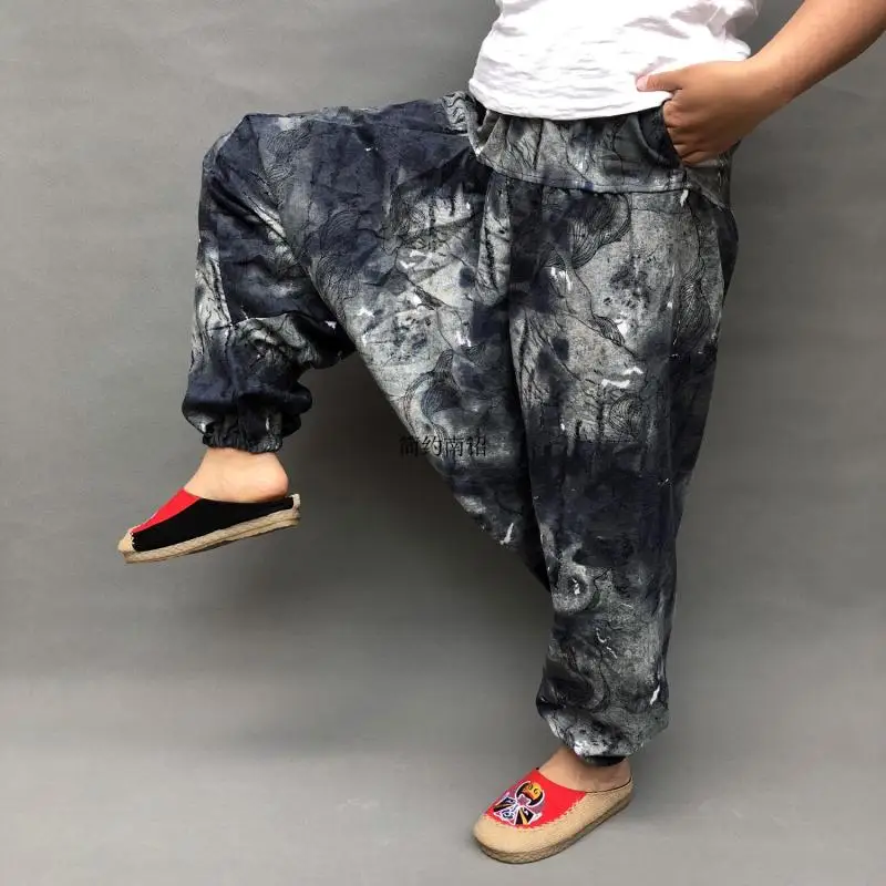 

Ethnic Men Harem Pants Print Retro Drop Crotch Joggers Retro Trousers Baggy Loose Nepal Style Men Casual Pants 100% Cotton Linen