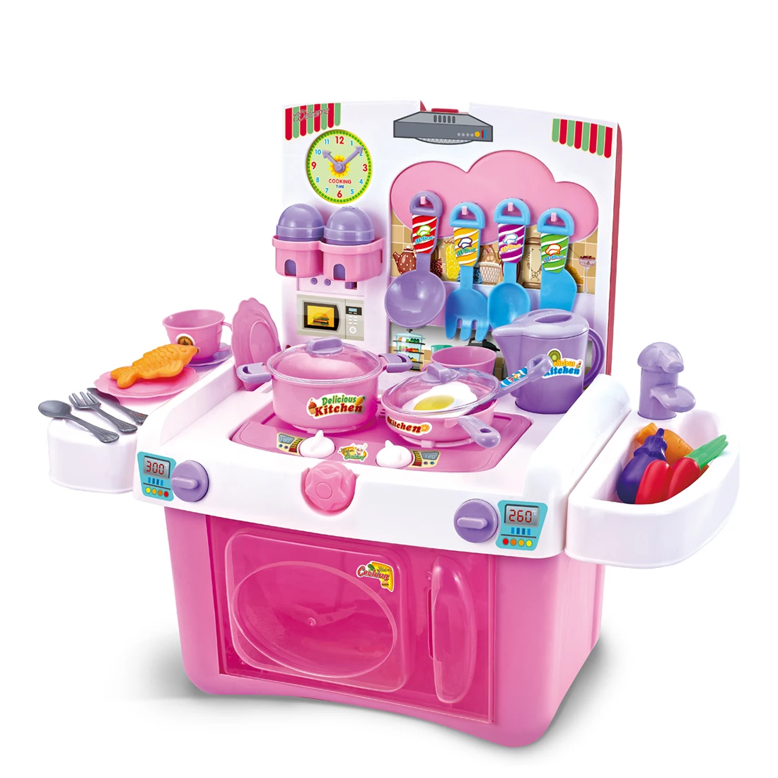 

37pcs Children Simulation Sound Light Kitchen Counter Pretend Cooking Utensil Playset - Pink