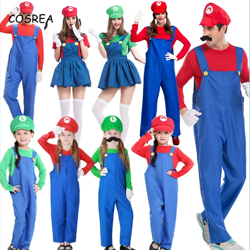 Super Mario Bros Luigi, шляпа сантехника, костюм с бородой, маскарадный костюм Марио, маскарадный костюм на Хэллоуин, нарядное платье для родителей и детей, взрослых, детей, женщин