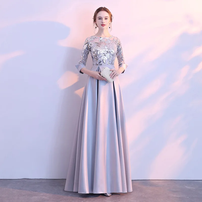 

Women's long formal prom evening dress sequined O neck A Line wedding party dress Plus size Ceremony Bespoke Occasion Dress