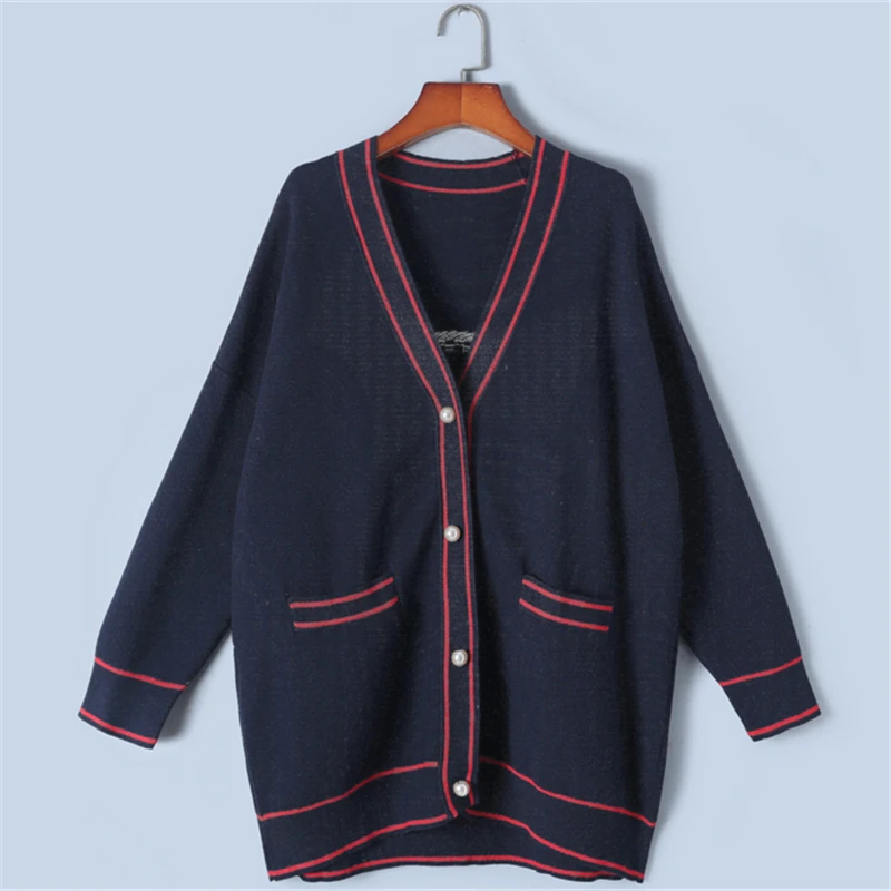 

Tunjuefs Loose Vintage Striped Pockets Cardigan Women Coat Flag Embroidery Streetwear Knitted Top Runway Outwear Autumn Winter