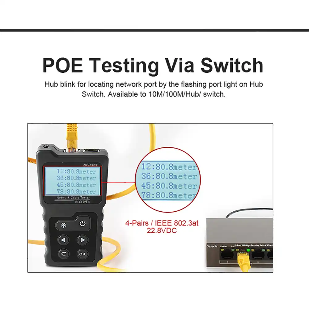 APROTII NF-8209 Pantalla LCD Longitud de medida Cable LAN POE Comprobador de cables Cat5 Cat6 LAN Prueba de red Herramienta de escaneo Cable Probador de mapas de alambre