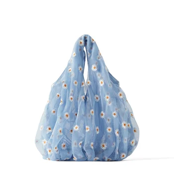 

Spring Women Small Transparent Tote Mesh Cloth Bag Daisy Embroidery Handbag High Quality Eco Fruit Bag Purse For Girls