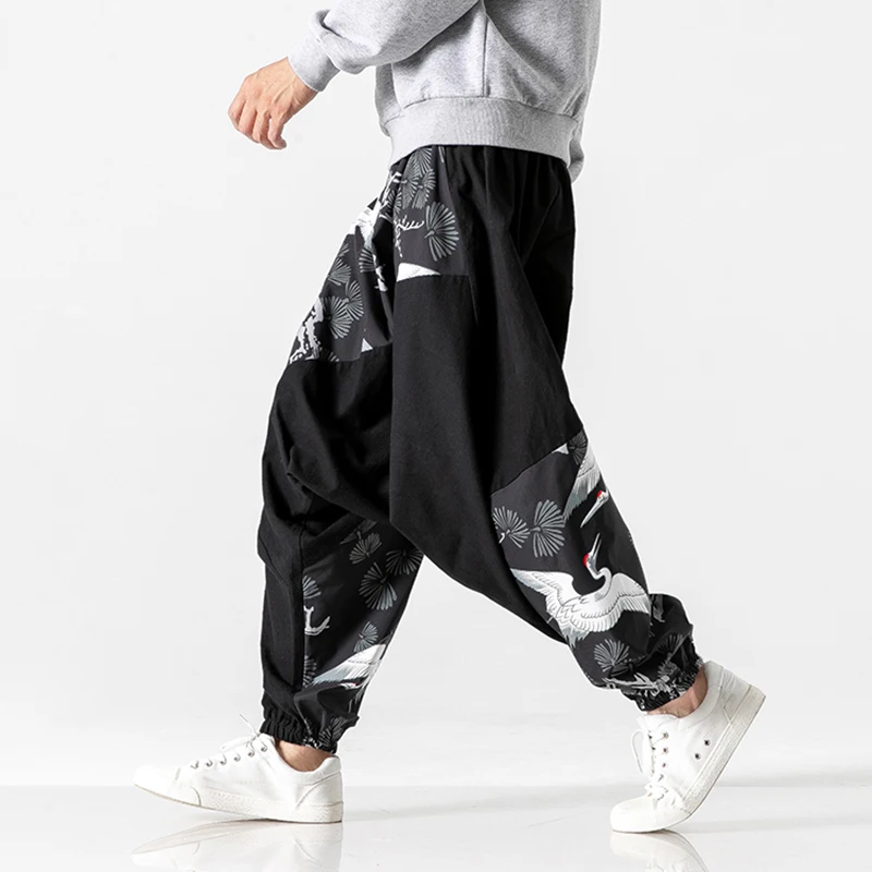 Men/'s Chinese style Printed Floral Drop Crotch Baggy Harem Pants Summer Loose B