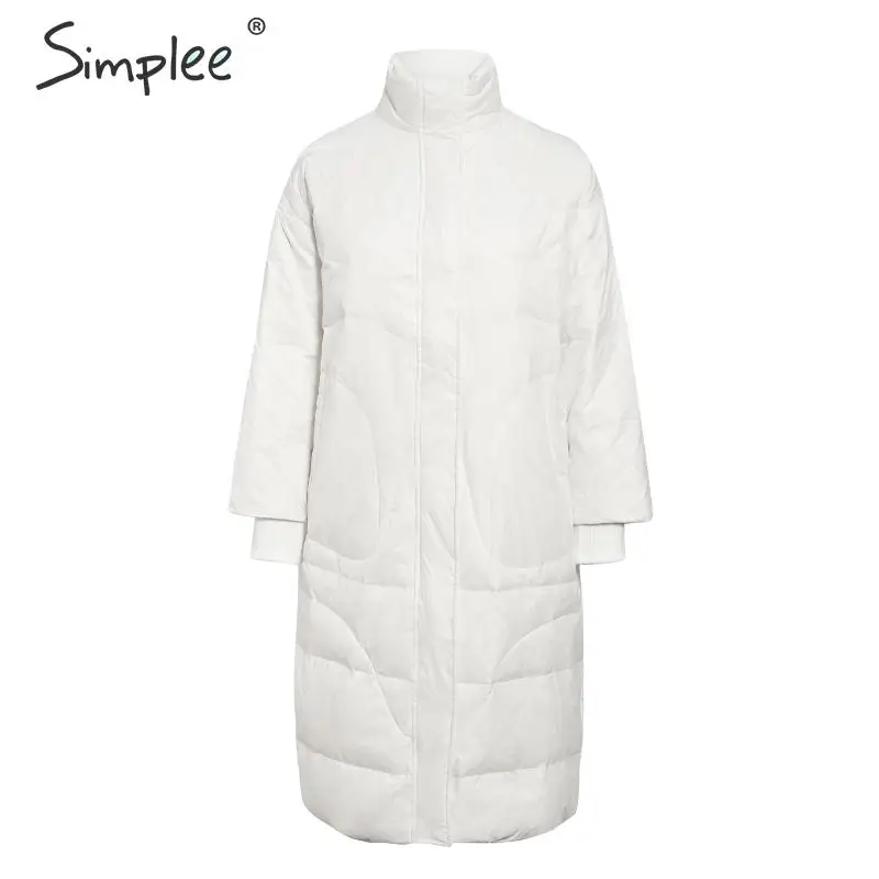 

Simplee Fashion warm women long parkas Zipper pockets autumn winter outwear female padded coat Loose soft ladies white overcoats