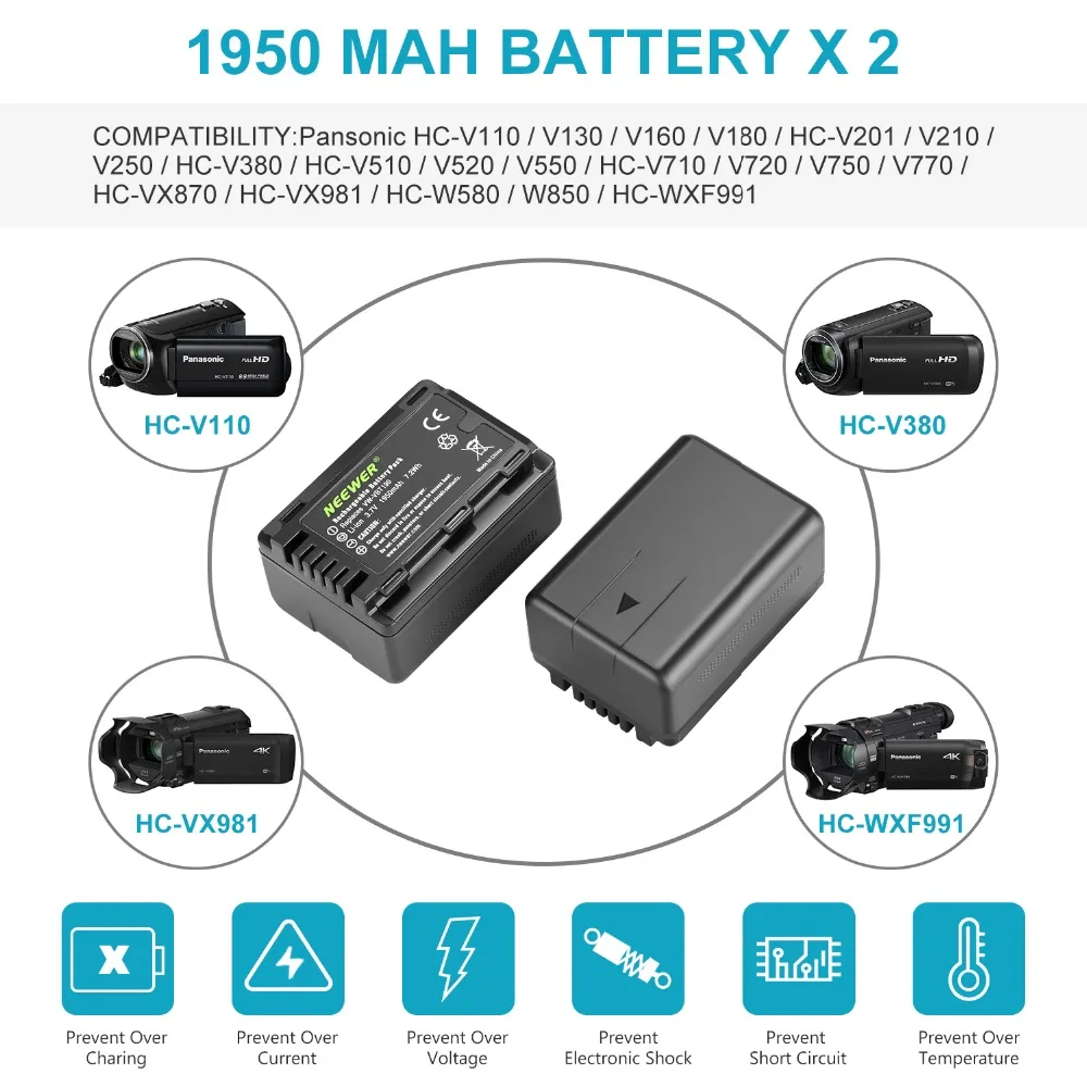 Neewer VW-VBT190 аккумулятор (2-Pack/1950 mAh) и двойной зарядный комплект usb Совместимость с Panasonic HC-V110 V130 V160 V180 HC-V201 V210