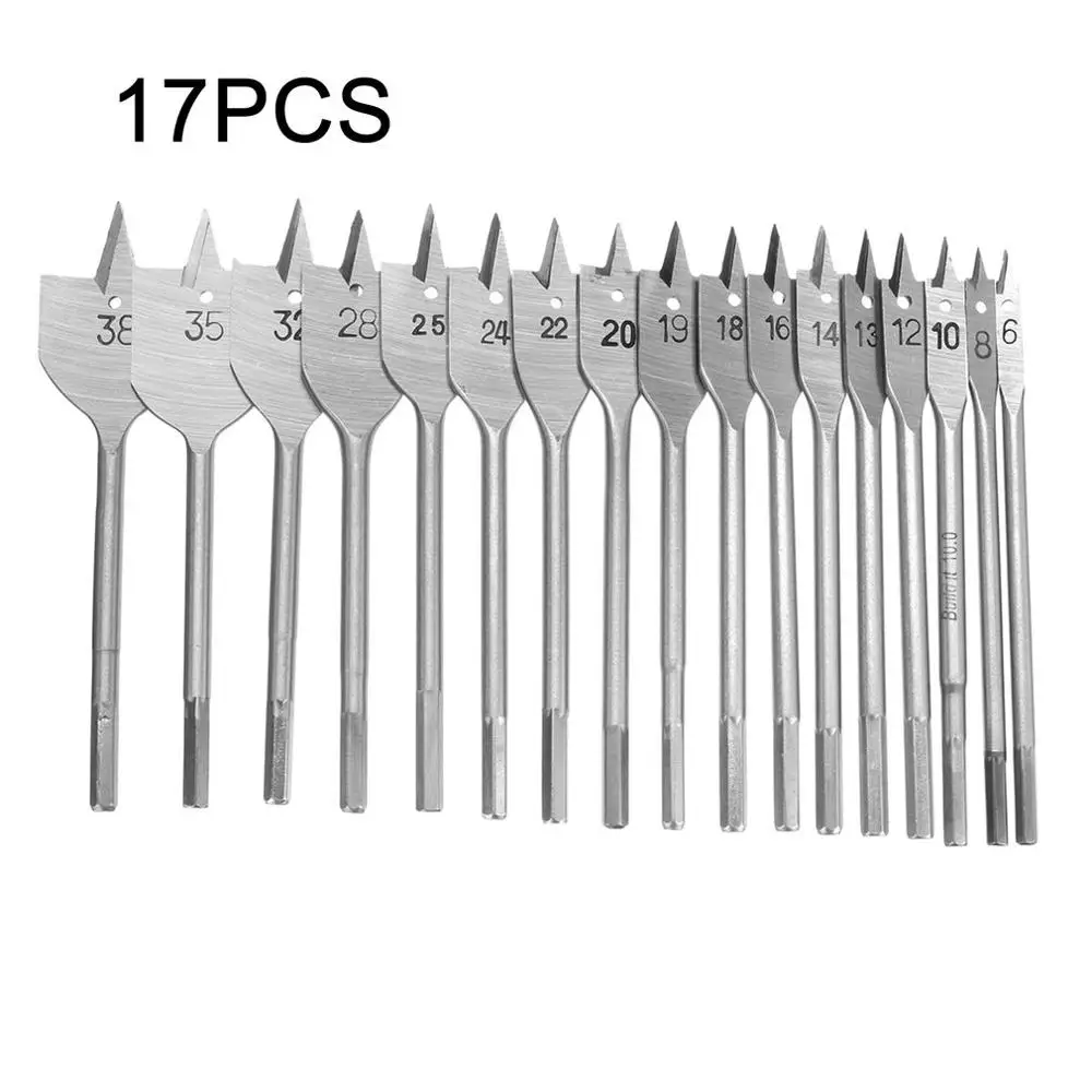 

17PCS High Carbon Steel Woodworking Machine Drill Bits Set Tool Accessories Hexagonal Handle Flat Wallated Wood Open Hole 6-38MM