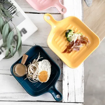 

Solid Handle Ceramic Plate Round Square Irregular Glaze Porcelain Baking Plate Western Steak Tray Dessert Dishes Plate
