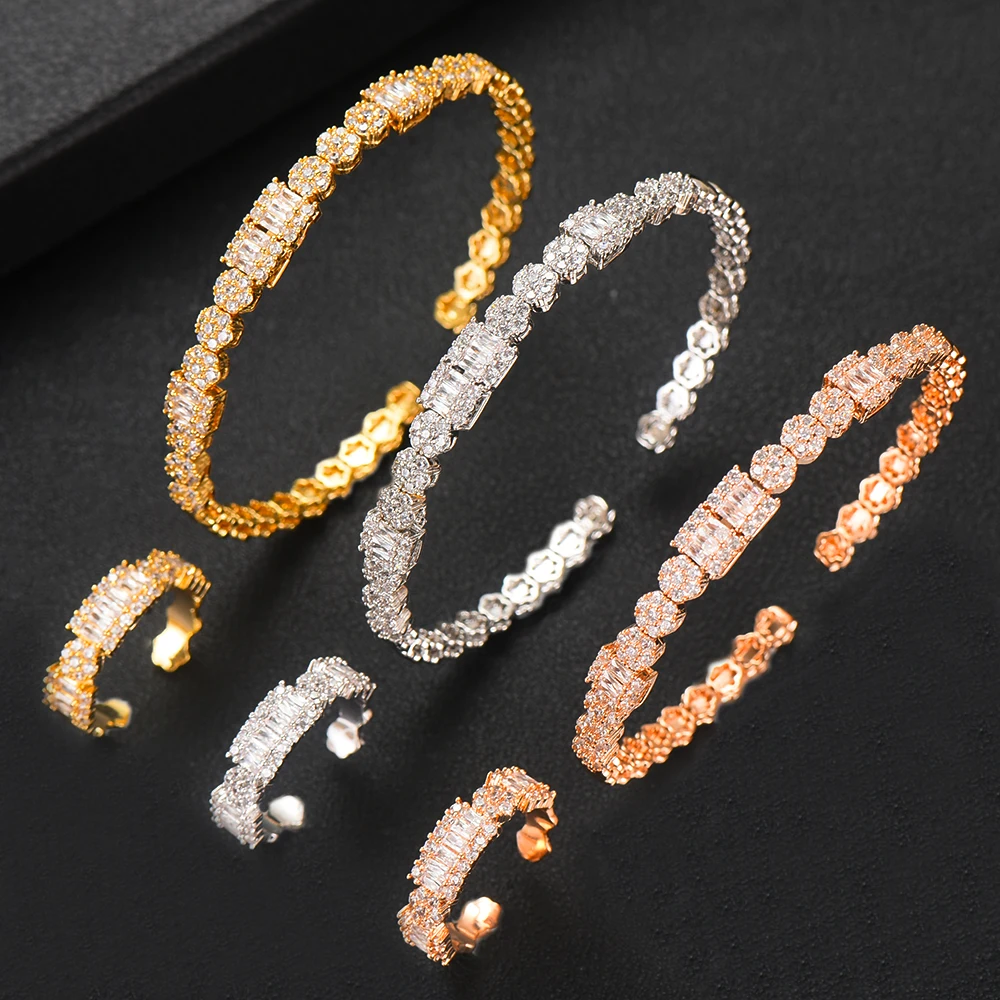 GODKI модный роскошный комплект из 2 предметов, Штабелируемый браслет, кольцо, набор для женщин, свадебные, ААА, кубический циркон, Дубай, серебряный браслет, вечерние ювелирные изделия