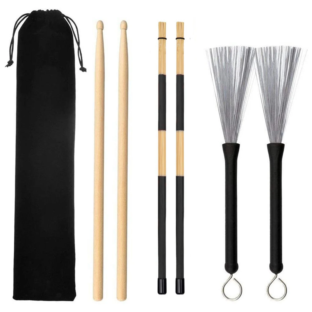 Varillas de tambor de madera, juego de baquetas de tambor, cepillos de alambre, 1 par, lote de 6psc