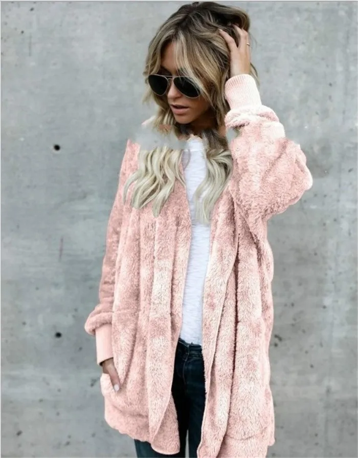 S-5XL пальто из искусственного меха плюшевого медведя, куртка, женская мода, открытый стежок, зимнее пальто с капюшоном, женский длинный рукав, ворсистый жакет, горячая новинка - Цвет: Розовый