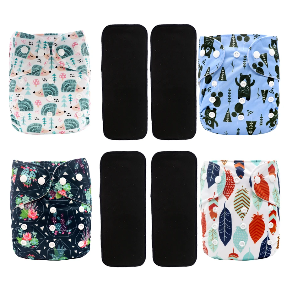 MABOJ Cloth Diapers Baby 4pcs Nappy Cloth Lot Bamboo Charcoal Insert Pocket Diaper One Size Waterproof Diapers Reusable Nappies