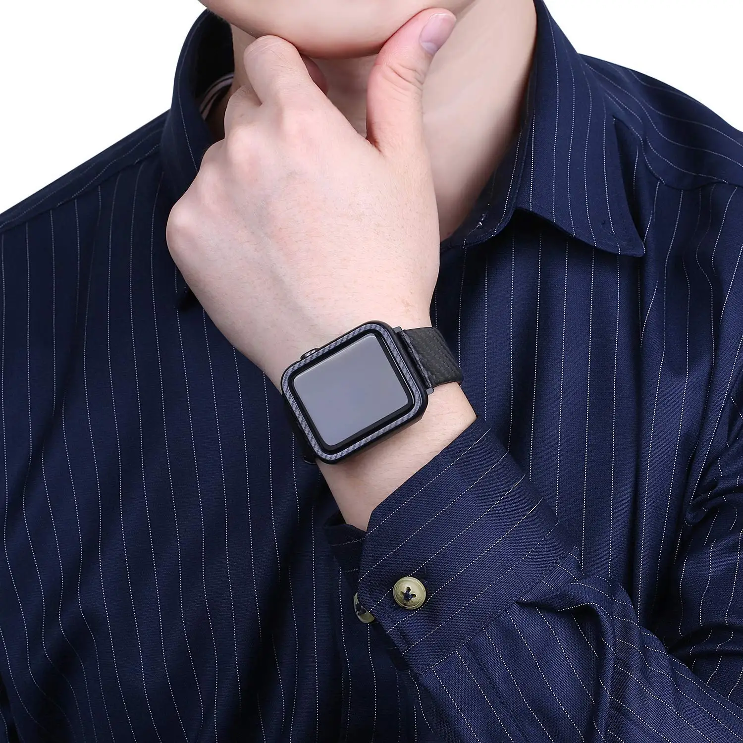 PC чехол из углеродного волокна+ ремешок из натуральной кожи для Apple Watch 4 5 44 мм 40 мм защитная рамка браслет аксессуары для iwatch