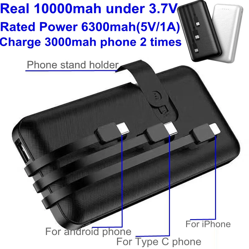 Внешний аккумулятор 10000 мА/ч, внешний аккумулятор 10000 мА/ч со встроенным кабелем для iPhone, samsung, huawei, Xiaomi, портативное зарядное устройство для телефона