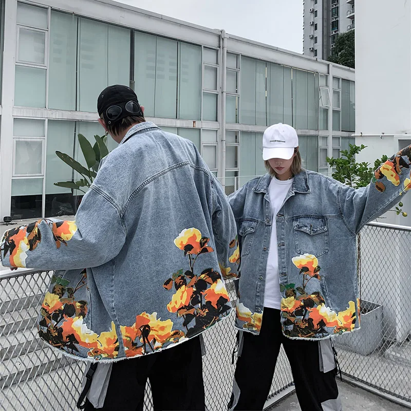 UNCLEDONJM джинсовые куртки с цветочным принтом для мужчин s High Street Distressed джинсовая куртка пальто мужские и женские хип хоп Уличная#1992